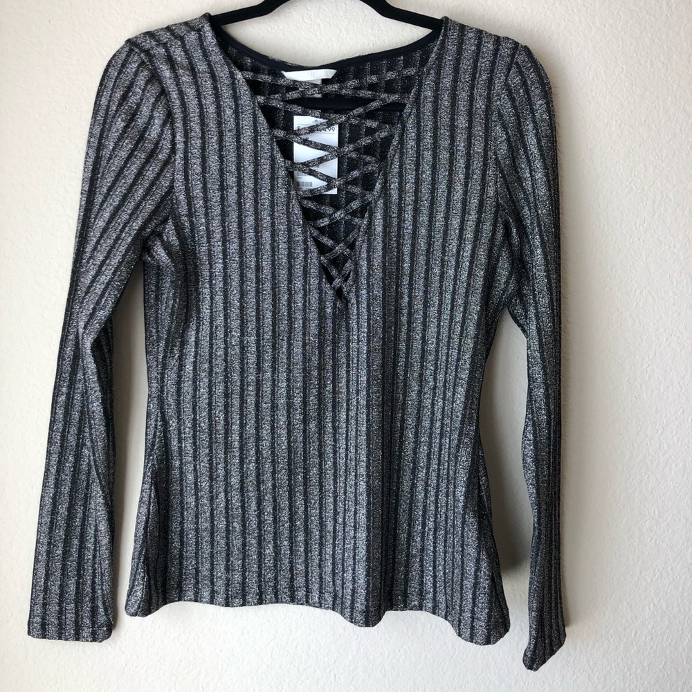 Metallic Knit Cross-Front Top